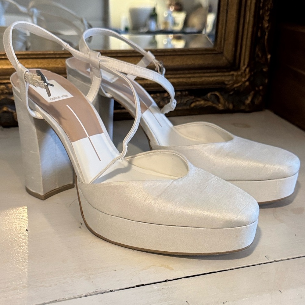Dolce Vita Claud Satin Ivory Heels with Ankle Strap